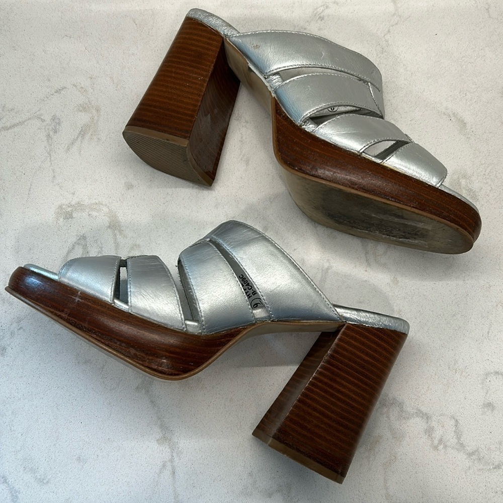 Zodiac Hype Leather Wood Platform Silver Metallic Retro Stacked Heels Size 9